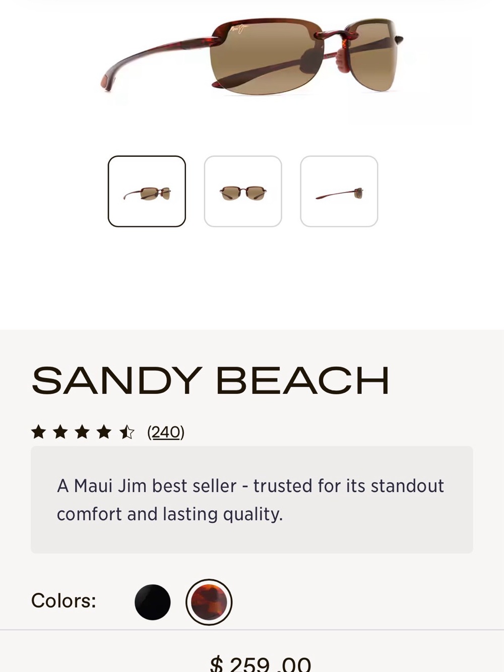 Maui Jim "Sandy Beach" Rimless Sunglasses — Tortoise Frame, Brown Lenses UNWORN